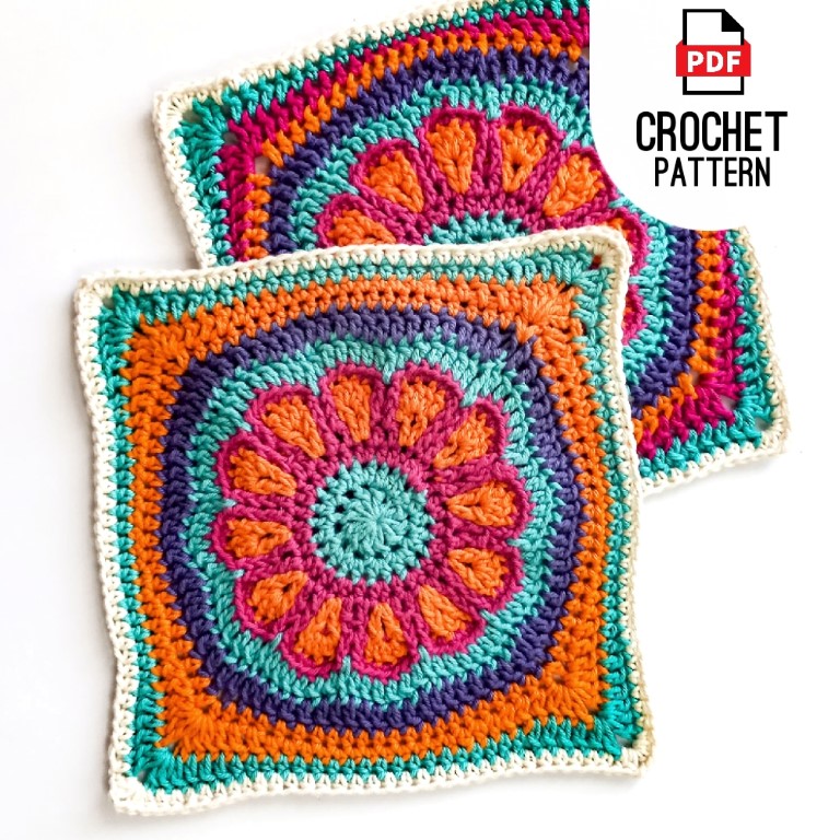 Bold crochet daisy blanket square, easy crochet pattern