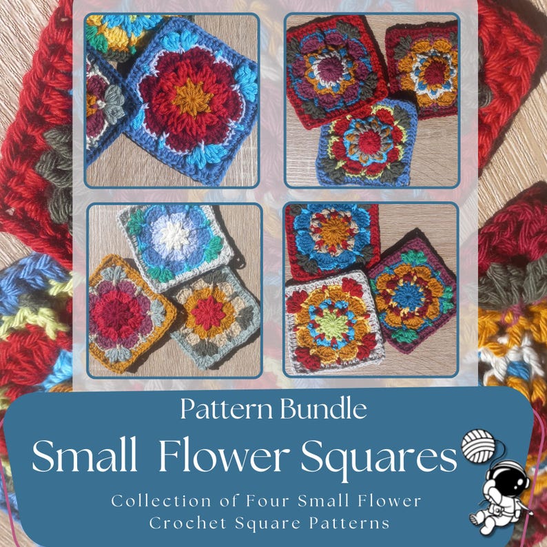 Four small crochet square in one easy to download PDF pattern bundle