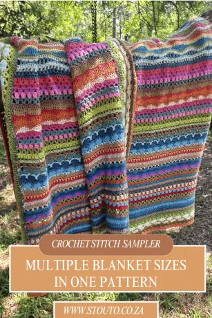 Make any sized crochet stitch blanket with this all in one crochet stitch sampler blanket. Frong small to single bed to double and queen sized afghans and blankets.