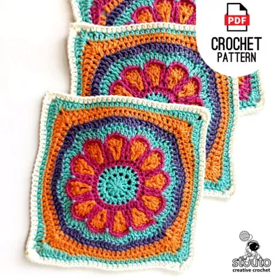 Get the full pdf version of this easy crochet flower blanket square pattern