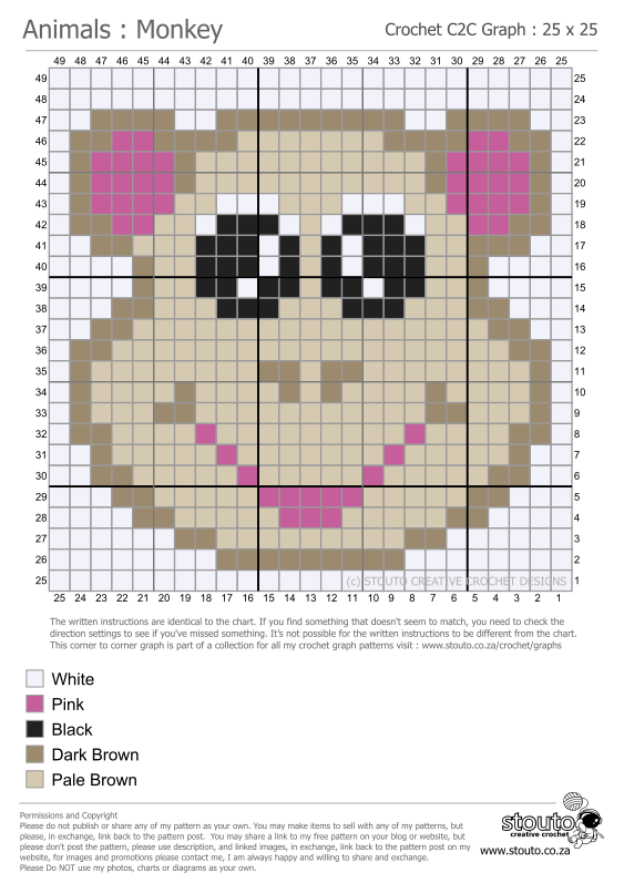 Corner to Corner crochet Graph and pattern of cartoon monkey