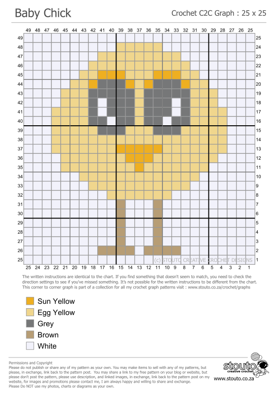 Cartoon Baby Chicken c2c crochet pattern and graph