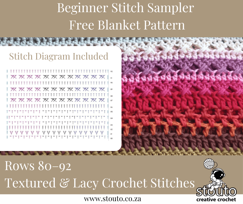 Rows 80–92 – Textured & Lacy Crochet Rows Sochet Stitch Sampler Blanket - Free Stitch Sampler Blanket Pattern for Beginners - Free Stitch Sampler Blanket Pattern for Beginners