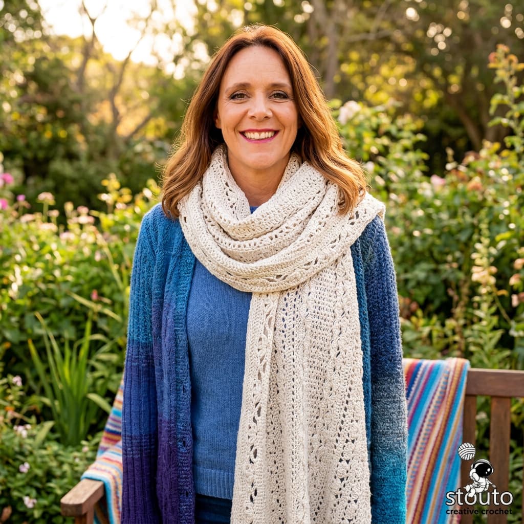 Winter blanket scarf wrapped around Stouto crochets designer