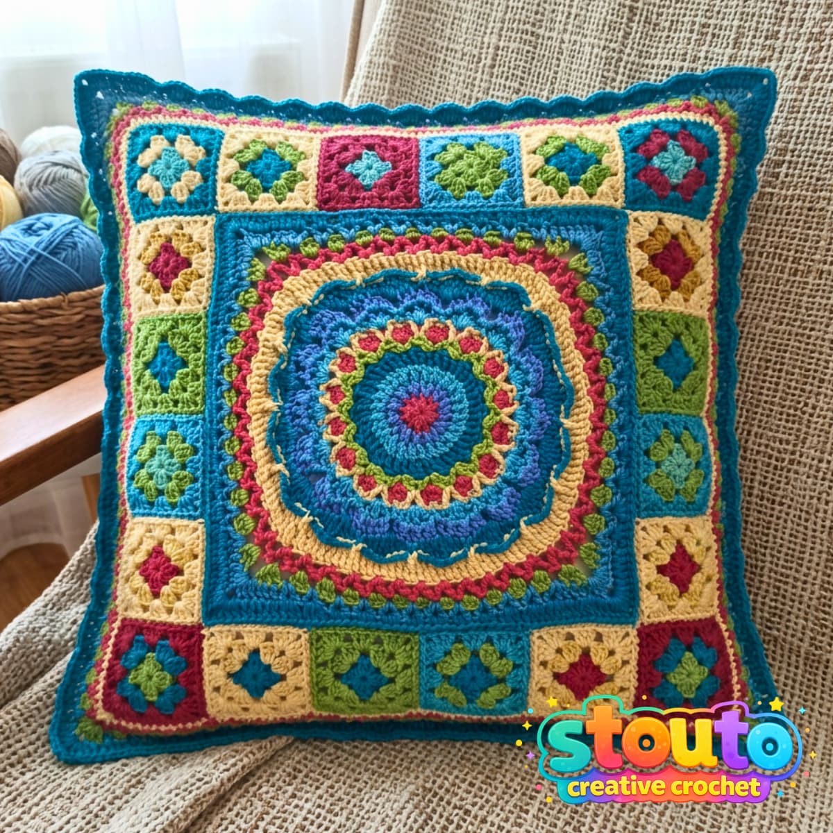 Colourful Flower and Squares crochet pillow front with floral centre and patchwork border