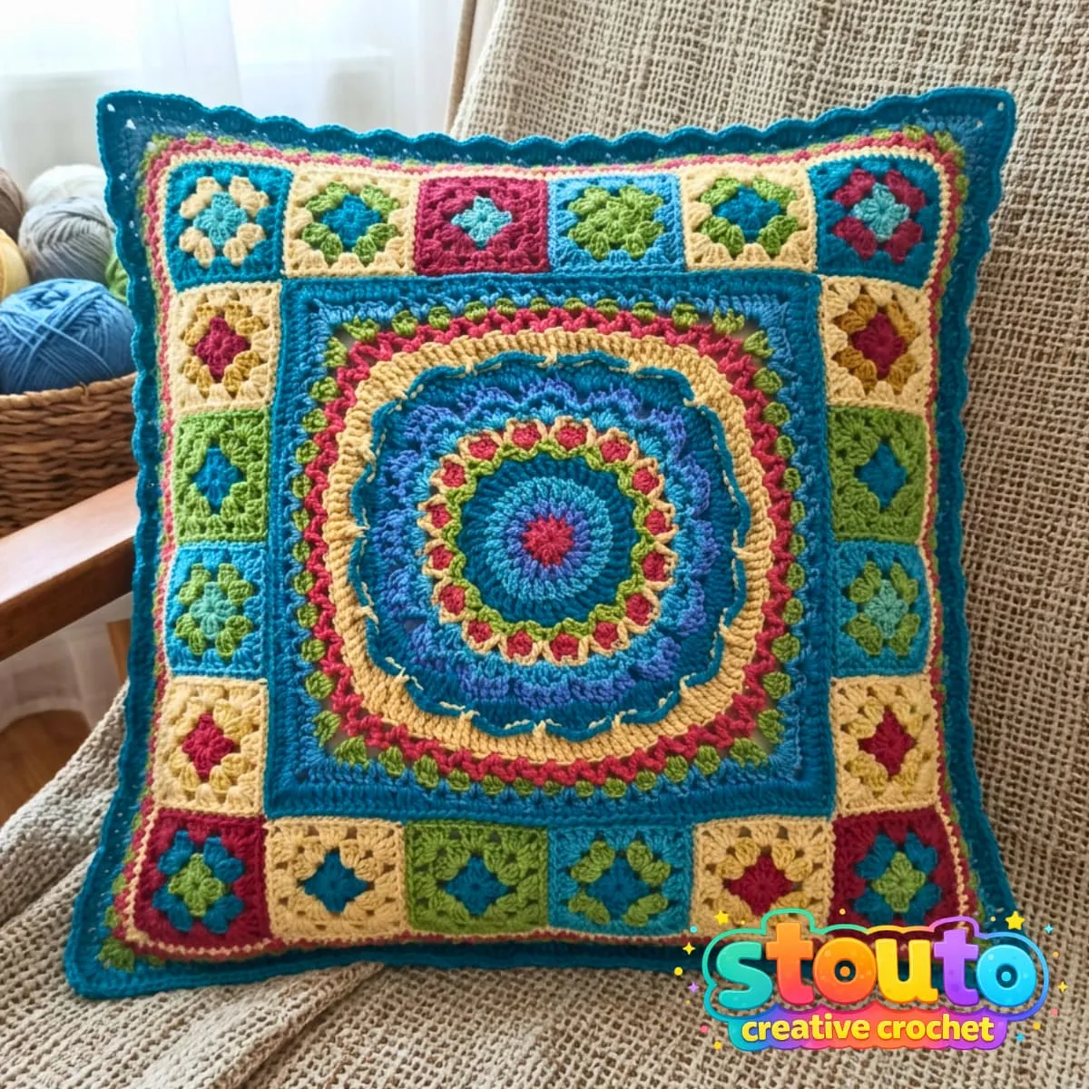 Colourful Flower and Squares crochet pillow front with floral centre and patchwork border