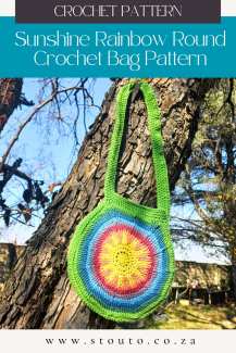Sunshine Rainbow Round Crochet Bag Pattern with colourful textured sun motif