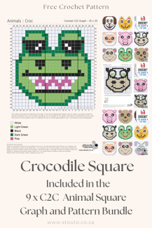 Crochet a cheerful crocodile with this free C2C crochet square pattern
