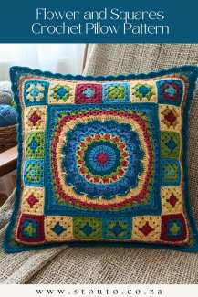 Crochet pillow with removable back and colourful flower square front