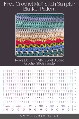 Free Crochet Stitch Sampler Blanket Pattern - Rows 130–141 – V-Stitch, Shell & Basic Crochet Stitch Sampler