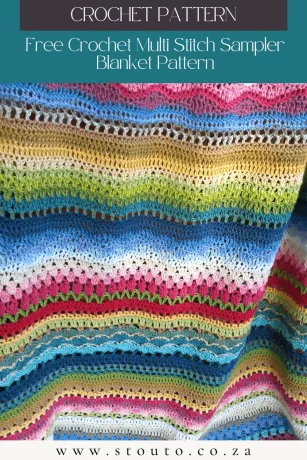 Beginner friendly crochet sampler blanket with easy repeat stitches
