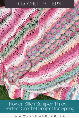 Pastel crochet blanket pattern styled as a floral stitch sampler throw