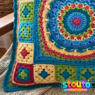 Colourful granny square crochet pillow with blue, pink, green and cream flower motifs
