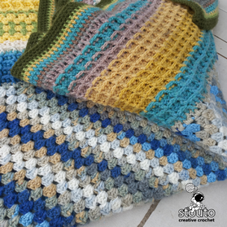 Mix and matxh mesh up of waffle, c2c and double crochet stitches in easy to follow crochet blanket pattern