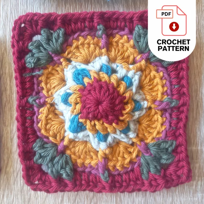 Close up African Cosmos crochet granny square flower texture detail