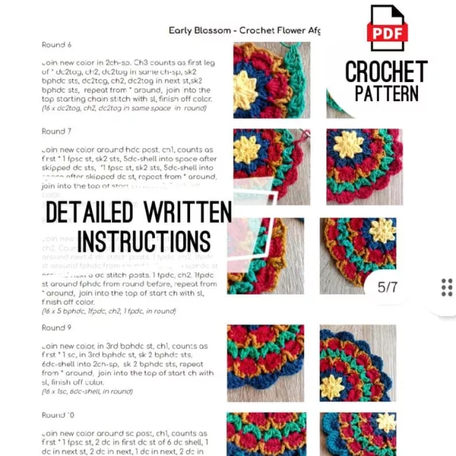 Early Blossom crochet flower granny square pattern featuring a large floral afghan square worked in the round.