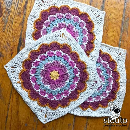 Free Early Blossom crochet flower granny square pattern with step-by-step instructions for a beautiful floral square.