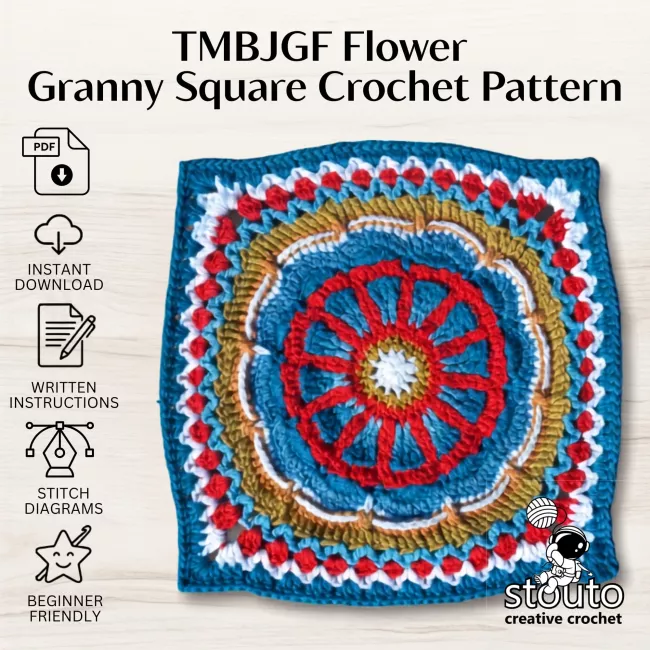 Colourful TMBJGF Flower Granny Squares arranged for a patchwork crochet blanket.