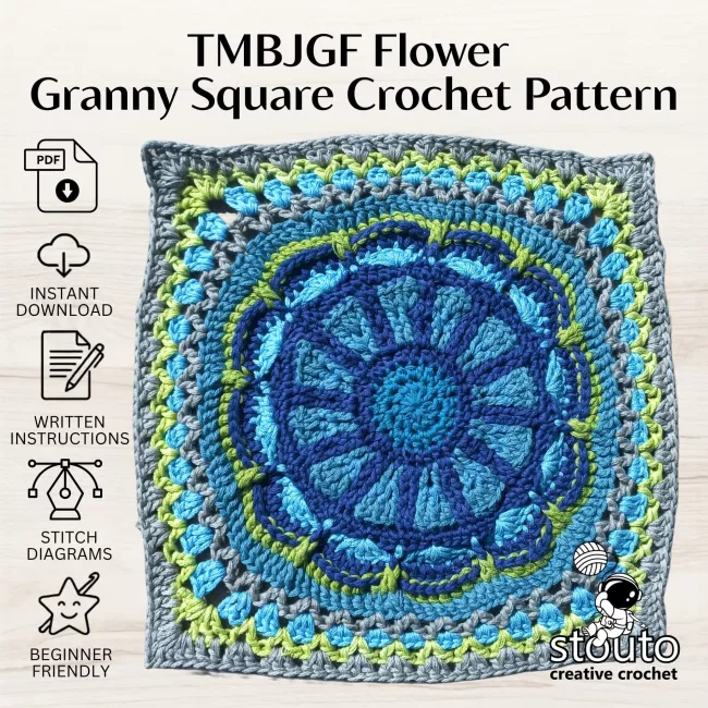 Beginner-friendly TMBJGF Flower Granny Square crochet pattern with stitch diagrams and photo tutorials.