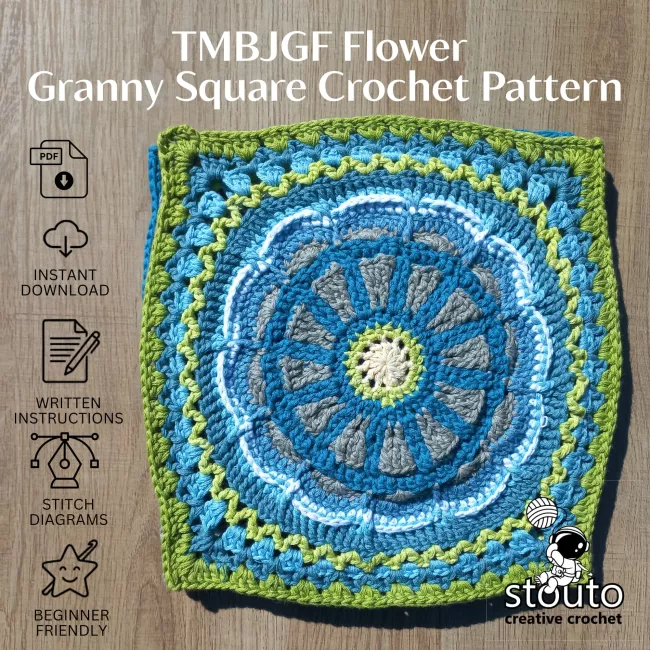 Close-up of the TMBJGF Flower Granny Square showing raised flower petals and textured crochet stitches.