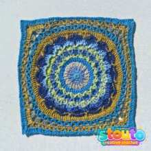 Sunrise flower granny square in cooler, sophisticated colourway, try navy, deep blue, teal, forest green and olive