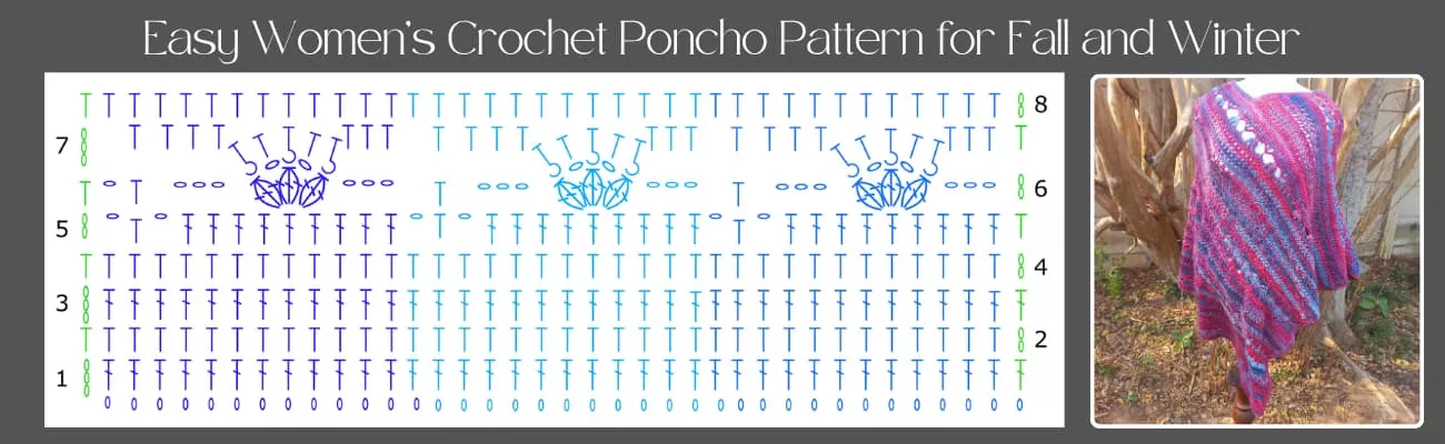 Easy womens crochet pocho patterns for fall and winter Rows 1 to 8